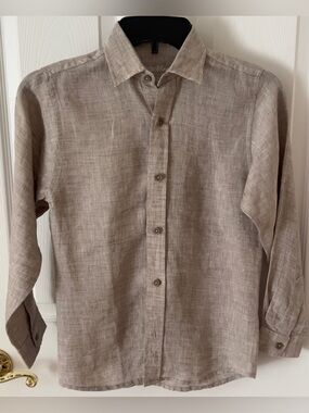B Moon Boys Sz 12 Beige Long Sleeve Linen BUTTON DOWN Dress  Shirt